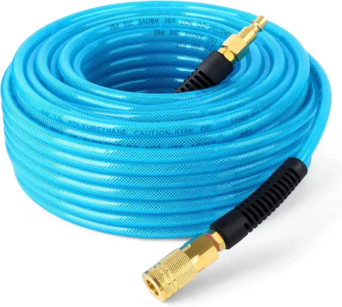 Vista 9 de GASHER Manguera de aire híbrida gris de 3/8" x 50FT, usada para conectar el compresor de aire, conector rápido industrial de 1/4" y enchufe