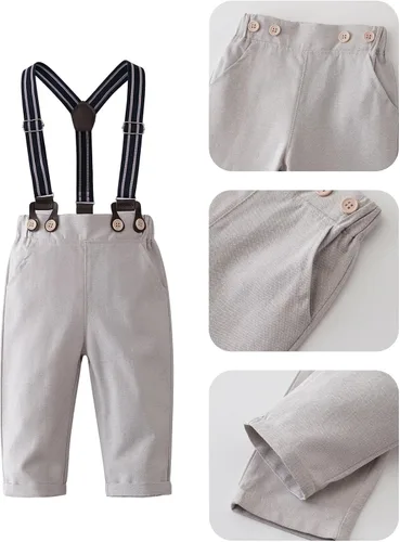 Vista 4 de SALNIER Conjunto de ropa de traje de bebé niño esmoquin trajes de caballero trajes de corbatín camisa tirantes pantalones boina sombrero