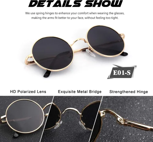 Vista 4 de CGID Gafas de sol polarizadas redondas retro para hombre y mujer, círculo, metal, hippie, protección UV400, E01