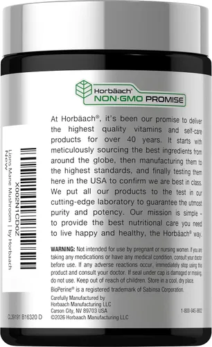 Vista 3 de Horbäach extracto de hongo melena de león 4200mg 120 cápsulas suplemento vegetariano, no transgénico, sin gluten