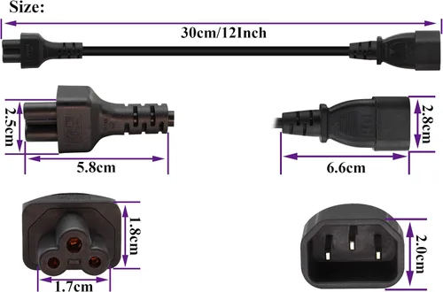 Vista 2 de Paquete de 2 cables de CA C14 a C5, 10A 125V IEC adaptador de corriente macho a hembra de 3 polos, convertidor de CA C5 a C14 para convertidor