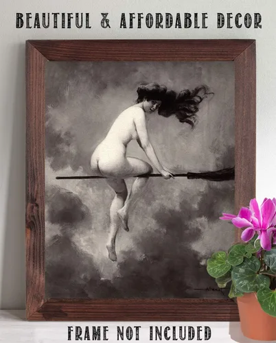 Vista 5 de Witch On Broom Departure by Albert Joseph Penot – 11 x 14 sin marco espeluznante, espeluznante, arte de pared gótico, desnudo bruto wiccan Art Print