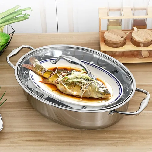 Vista 2 de Vaporizador de pescado de acero inoxidable – Utensilios de cocina ovalados resistentes con estante y tapa, olla para cocinar pescado al vapor, sopa
