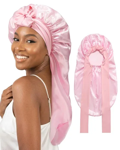 Vista 17 de AWAYTR Gorro largo de satén para mujer, gorro de seda elástica de doble capa para trenzas, gorro de dormir con banda de amarre (negro)