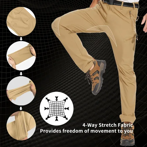 Vista 3 de NOUKOW Pantalones de senderismo para hombre, de secado rápido, ligeros, impermeables, elásticos, 6 bolsillos con cremallera y cinturón