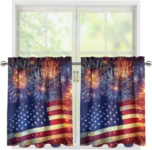 Vista 11 de God Bssing You Tier Curtains for July 4Th 2026 27.5x24 2 Panels Light Filtering Half Window Rod Pocket for Kitchen/Bathroom