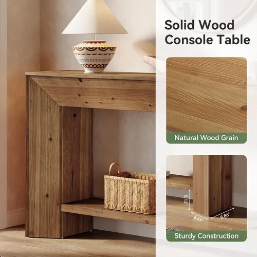 Vista 7 de Mesa consola de madera maciza, mesa de entrada de 63 pulgadas con almacenamiento, mesa de sofá de madera larga de 2 niveles detrás del sofá