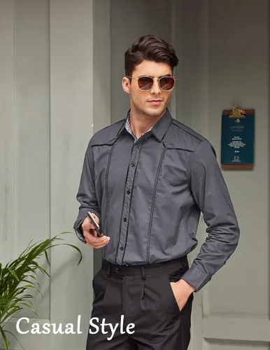 Vista 3 de COOFANDY Camisa vaquera occidental de manga larga para hombre, ajuste regular, de algodón, elegante, informal, con botones