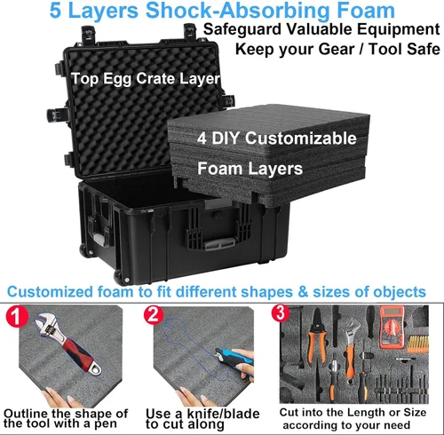 Vista 8 de Regetek Estuche rígido con ruedas con espuma, 26 x 20 x 13 pulgadas, funda para equipo con ruedas y 4 asas para cámara, dron, herramienta