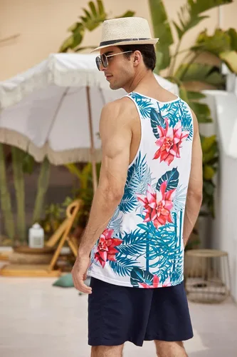 Vista 3 de COOFANDY Camiseta sin mangas con estampado floral para hombre, camisetas deportivas casuales con estampado en Hawaii, playa, vacaciones