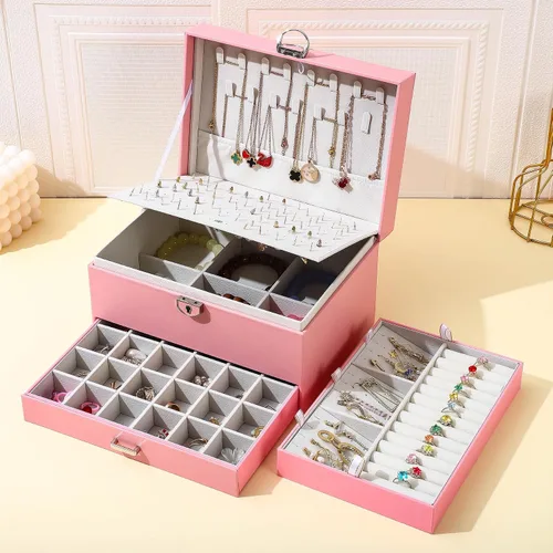 Vista 7 de BOOVO Joyero de aretes para mujeres y niñas, organizador de tachuelas, caja organizadora de joyas de 5 capas con candado, organizador de aretes