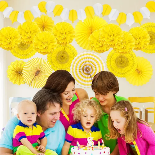 Vista 6 de Decoraciones de Fiesta Amarillas, Abanicos de Papar Pompones, Guirnaldas para Cumpleaños, Baby Shower, Boda, Graduación, Festival de Primavera