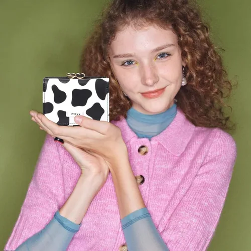 Vista 6 de Sunwel Fashion Cartera pequeña con estampado de vaca para niñas, con bolsillo para efectivo, tarjetero para tarjetas de identificación, con ventana