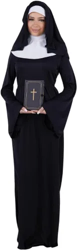 Vista 2 de Disfraz de monja para adultos, bata negra con velo, cuello y cinturón para Halloween