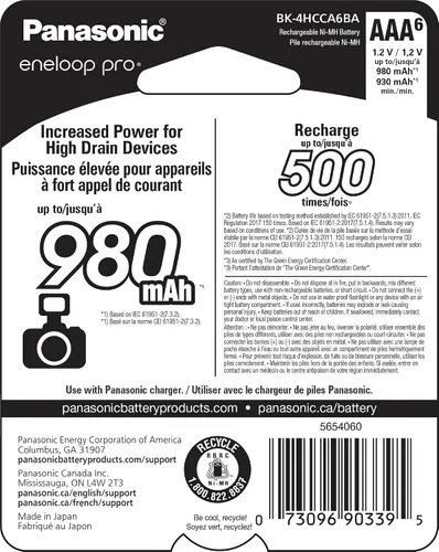Vista 2 de Eneloop Panasonic BK-4HCCA6BA pro AAA Baterías recargables precargadas Ni-MH de alta capacidad, paquete de 6
