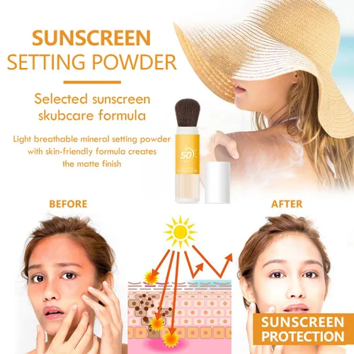 Vista 2 de Polvo de ajuste de protección solar para cara, polvo mineral protector solar, control de aceite, acabado mate natural, transpirable, polvo facial