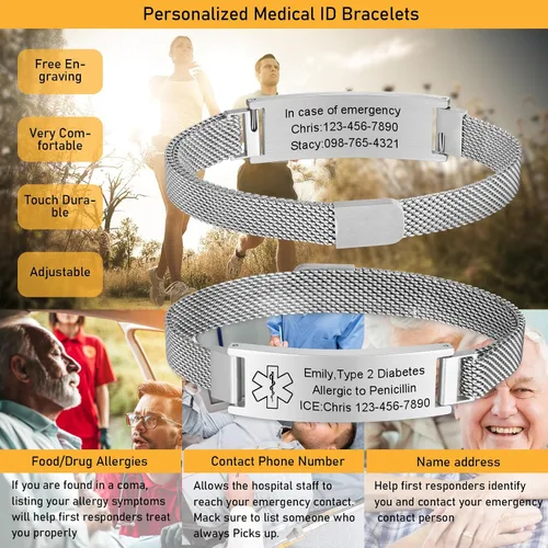 Vista 2 de VNOX Pulsera de identificación de alerta médica para hombres y mujeres, pulseras de alerta médica con grabado personalizado para mujeres y hombres