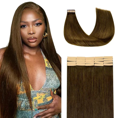 Vista 16 de Extensiones de cabello Lashey de 14 pulgadas; extensiones de cabello humano real lacio color negro azabache con trama adhesiva para mujeres, 20