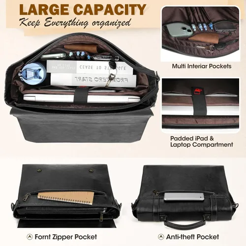 Vista 4 de RAINSMORE Bolsa de mensajero para hombre de 17 pulgadas, impermeable, de piel vintage, maletín para laptop, bolsa grande para laptop, cartera, bolsa
