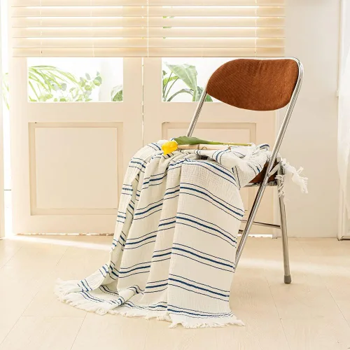 Vista 6 de Simple&Opulence Manta de muselina de algodón a rayas teñidas para cama, sofá, manta tejida de punto con borlas, suave, ligera, acogedora, prelavada