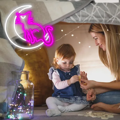 Vista 5 de SmilingTown Letreros de neón rosa y blanco para decoración de pared, funciona con USB, luces decorativas de neón de luna y gato para el hogar