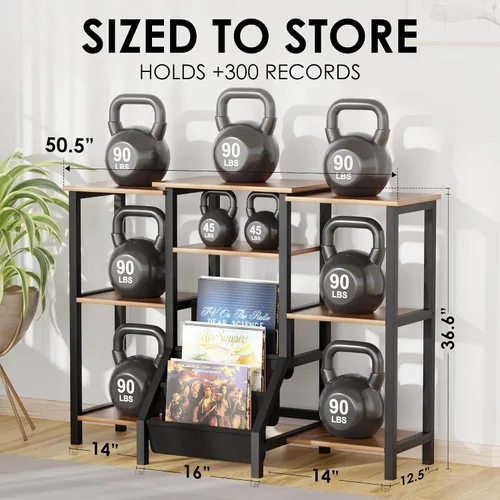 Vista 4 de Soporte para tocadiscos con almacenamiento de vinilo, armario giratorio alto de 36 pulgadas con almacenamiento, mesa moderna de tocadiscos