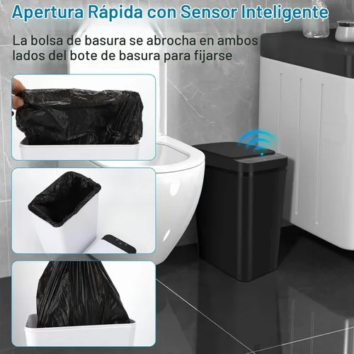 Vista 6 de Basurero de baño, basurero inteligente sin contacto, cubo de basura automático con sensor de movimiento con tapa, cubo de basura de 2.4 galones