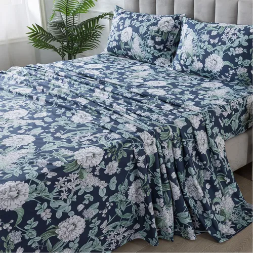 Vista 12 de FADFAY Juego de sábanas tamaño King, sábanas de algodón percal rosa floral con bolsillo profundo, ropa de cama vintage lujosa azul con estampado