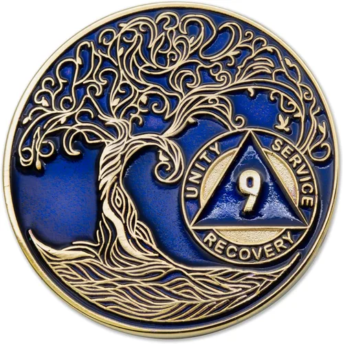 Vista 97 de 1 año Sobriety Mint Twisted Tree of Life Medallón de recuperación AA chapado en oro, chip/ficha - negro