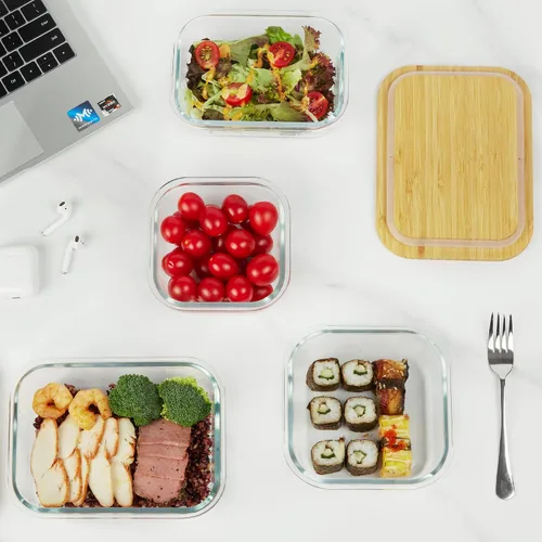 Vista 5 de Vtopmart Recipientes de vidrio para almacenamiento de alimentos con tapas de bambú, paquete de 4 recipientes de vidrio para preparación de comidas