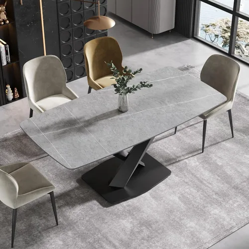 Vista 8 de Mesa de comedor moderna, mesa de comedor de piedra sinterizada blanca antigua con base de acero al carbono sólido en forma de X, mesa de comedor