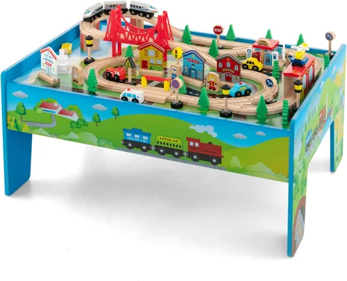Vista 10 de HONEY JOY Mesa de tren, mesa de actividades de madera para niños con cajón de almacenamiento, 100 piezas multicolores, pistas, trenes, autos, juego