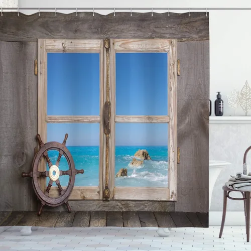 Vista 128 de set de cortina para baño decorativa de tela de poliéster con ganchos