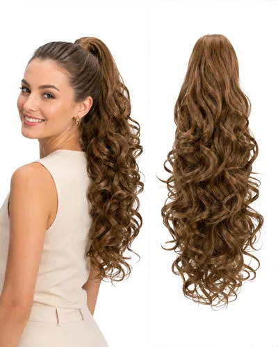 Vista 11 de Prettyshop - Extensión de cola de caballo de 24 pulgadas con clip, larga, voluminosa, ondulada, resistente al calor, color negro H63 Negro # 1 H63