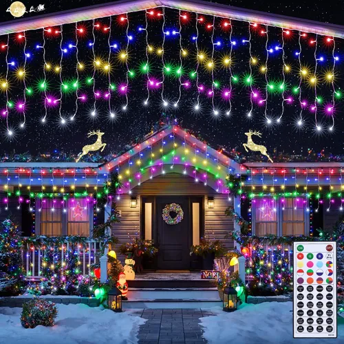 Vista 7 de Joomer Luces de carámbano de Navidad – Cadena de luces de 19 pies para exteriores impermeable, 8 modos de temporizador, conectable, tira de luces