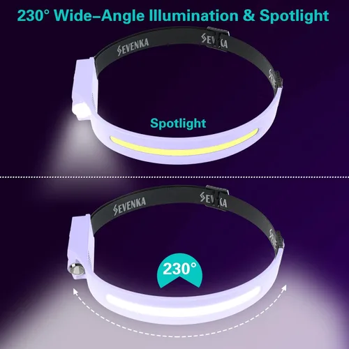 Vista 3 de SEVENKA Linterna frontal LED, 1000 lúmenes, recargable, sensor de movimiento, diadema ajustable, haz ancho y foco, resistente al agua, ideal