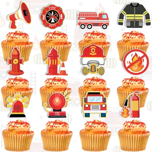 Vista 3 de Whaline 72 piezas de decoración para cupcakes con temática de bombero, 12 diseños, camión de bomberos, palillos de cupcakes, rescate de bomberos