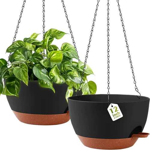 Vista 9 de GARDIFE Macetas colgantes para plantas de interior y exterior, juego de 2 macetas colgantes de riego automático con agujeros de drenaje y bandeja