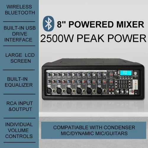 Vista 2 de PRORECK MX15 - Mezclador/amplificador de sistema de sonido PA con Bluetooth de 2500 W, 15 pulgadas, controlador de efectos de micrófono