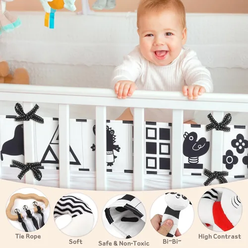 Vista 4 de Dreamon 32 juguetes sensoriales de alto contraste para bebés en blanco y negro, juguetes para recién nacidos con sonajero, libro suave y tarjetas