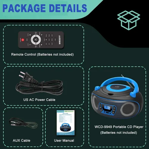 Vista 8 de Reproductor de radio portátil CD Boombox con Bluetooth, radio FM, reproducción de MP3 por USB, entrada AUX, conector para auriculares, compatible