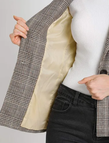 Vista 6 de Allegra K Chaqueta tipo blazer de pata de gallo con solapa y muescas a cuadros para mujer
