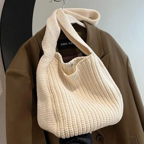 Vista 9 de Womens Knited Tote Bag Shoulder Hobo Crocheted Bag Aesthetic Cute Knit Accessory Handbag for Ladies Black White Brown