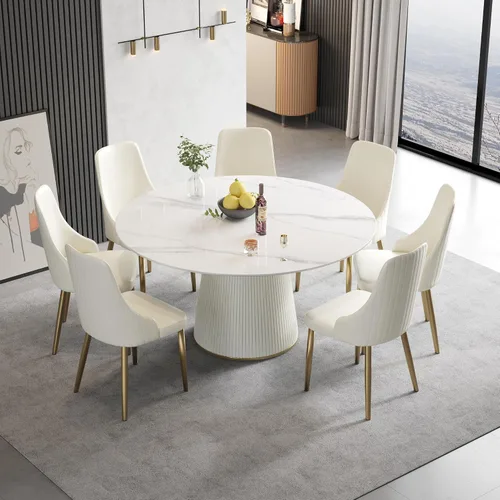 Vista 10 de Mesa de comedor redonda para 6, mesa de piedra sinterizada con marco de madera maciza, mesa de comedor blanca de 53 pulgadas para comedor y cocina