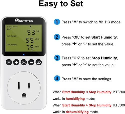 Vista 5 de KETOTEK Enchufe de salida digital de controlador de humedad con sonda de sensor, enchufe controlador de humidistato de 120 V para invernadero