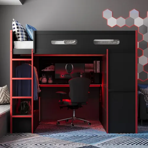 Vista 35 de Cama tipo loft en forma de L tamaño matrimonial e individual con 2 escritorios, tablero de clavijas y cajones de almacenamiento, marco de cama