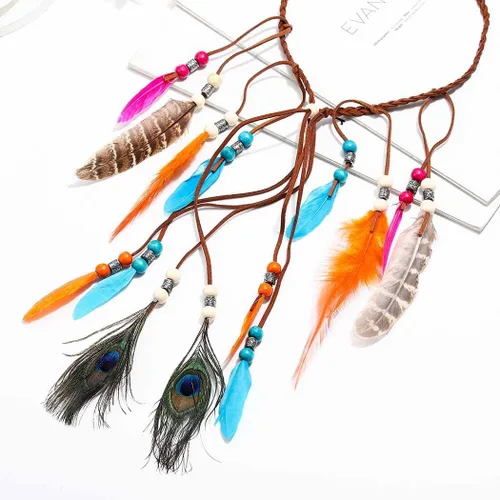 Vista 2 de Outyua Thurquoise Bohomian - Tocado de plumas largas de plumas gitanas nativas de pavo real diadema ajustable de plumas