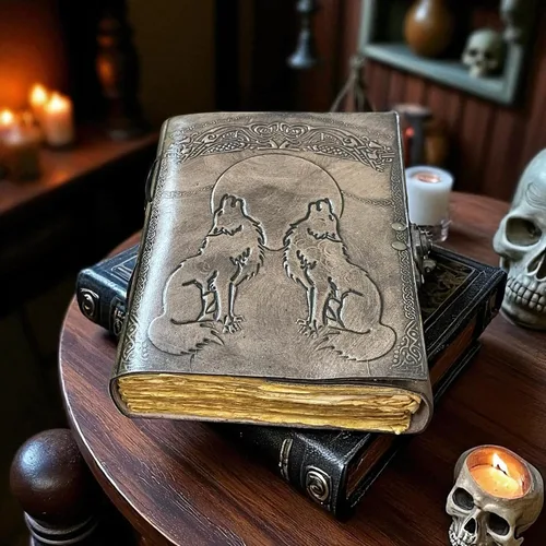 Vista 4 de Wolf Leather Journal with Moon Embossed Twin Wolf Grimoire Vintage Deckle Edge Paper Spell Book of Shadows Gothic Wiccan Notebook & Sketchbook