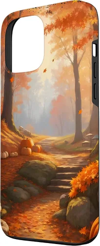 Vista 2 de iPhone 13 Pro Max Idílica escena del bosque de otoño, hojas de otoño, funda de calabazas