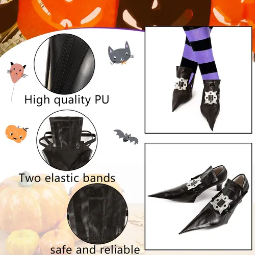 Vista 2 de Fundas para zapatos de disfraz de bruja, accesorios falsos para disfraces de adultos y niños, color negro, Negro